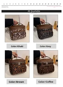 Detailed comparison of four leopard print suede cosmetic bags with dual zippers
