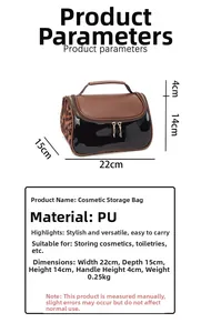 Detailed size chart for double-layer leopard print makeup bag with dimensions 22x15x14cm