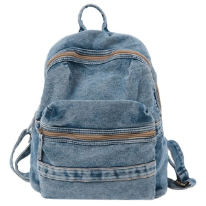 Sac à dos vintage en denim bleu à grande capacité avec détails de fermeture éclair marron