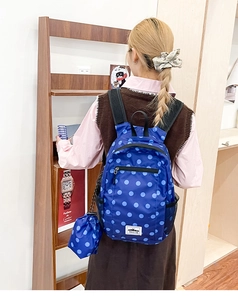 Detail of blue polka dot backpack set with matching mini drawstring storage pouch