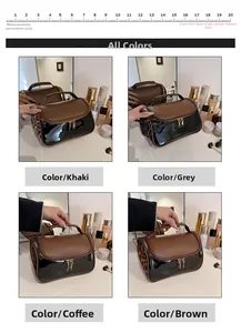Detail view of large waterproof PU makeup bags with leopard print sides in four colors