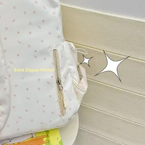 Close-up of back zipper pocket and pink star pattern on a white student backpack