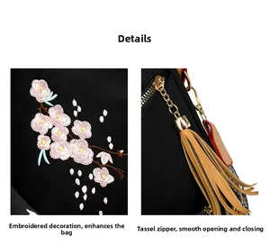 Détail de la broderie fleur de cerisier et zip à franges sur sac à dos oxford noir