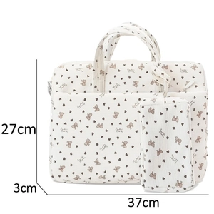 Cream corduroy laptop shoulder bag with heart print, 37x27x3cm large capacity tote