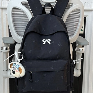 Large Capacity Nylon Backpack Women Girly Bowknot Pattern Schoolbag With Cute Dog Plush Charm Japanese Style Travel Bag