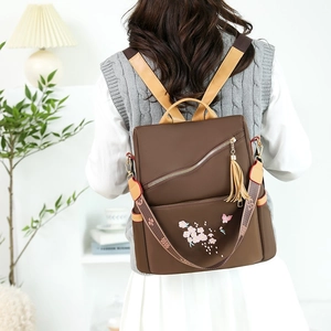 Sac à dos en oxford marron foncé pour femme avec broderies ethniques de fleurs de cerisier