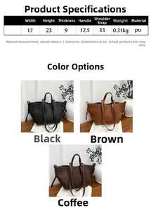 Size guide for pleated PU leather tote bag showing dimensions and color options