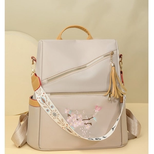 Sac à dos beige en tissu Oxford avec broderie cerisier et bandoulière tissée