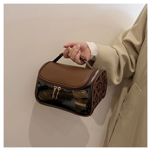 Detailed view of PU leather and leopard print cosmetic bag with clear PVC window