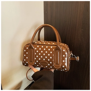 Polka dot Boston bag in brown PU leather with top handles and adjustable shoulder strap