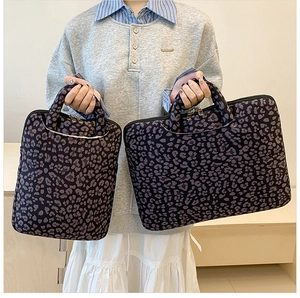 Size comparison of purple leopard print tote bags in large horizontal and small vertical designs