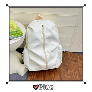 Detail of white backpack with blue star patterns featuring vertical zipper and side pocket