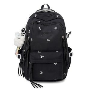 Minimalist black backpack with white bow prints and cute bunny charm for students