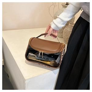 Detail view of leopard print travel toiletry bag with transparent window and brown PU leather
