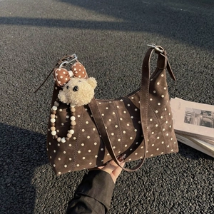 Women Vintage Polka Dot Hobo Shoulder Bag Large Capacity PU Leather Crossbody Bag With Cute Plush Bear Pendant For Daily