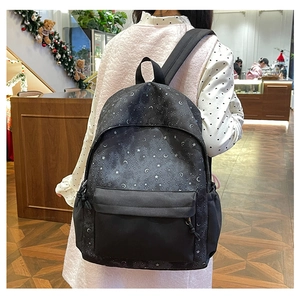 Close-up of black backpack featuring celestial silver star and moon print detail