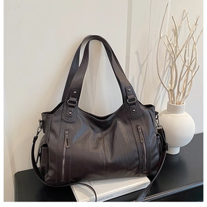 Retro Minimalist Women PU Leather Tote Bag Large Capacity Multi Pocket Shoulder Crossbody Bag Daily Practical Handbag