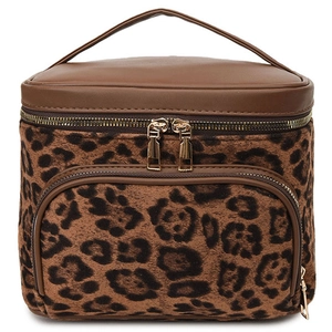 Luxury leopard print cosmetic bag with suede texture and brown leather handle