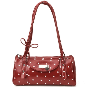 Retro burgundy polka dot shoulder bag with silver heart pendant and ribbon bow