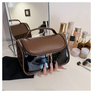 Double-layer large capacity PU leather cosmetic bag with leopard print and top handle