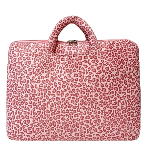 Pink leopard print laptop tote bag with soft handles and durable double metal zippers