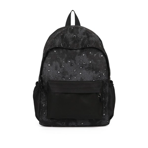 Minimalist black backpack featuring celestial moon and star print for casual school use