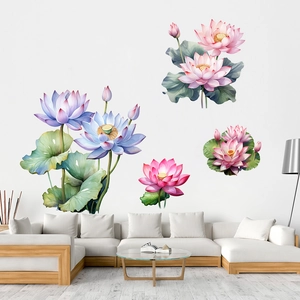 Stickers muraux lotus 3D aux tons rose et bleu pour décoration de salon et de chambre