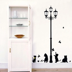 Black street lamp and cat silhouettes wall decals for home interior wall decoration