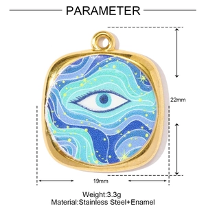 Gold stainless steel evil eye pendant with blue enamel starburst design 22x19mm size