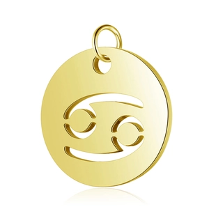 Macro view of 12mm gold mirror-polished Cancer zodiac pendant with hollowed-out symbol