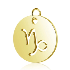 Detail of 12mm gold mirror Capricorn zodiac pendant with hollowed circular design