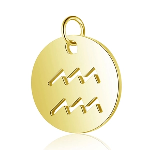 Detailed macro view of 12mm golden mirror-finish stainless steel Aquarius zodiac pendant