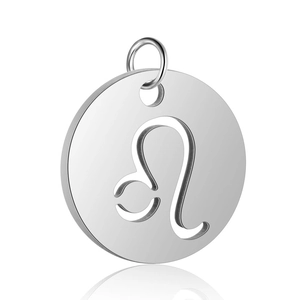 Macro detail of 12mm silver stainless steel Leo zodiac pendant with mirror finish