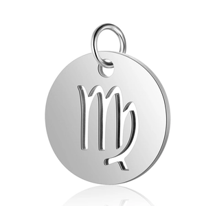 Macro shot of silver mirror-polished 12mm stainless steel Virgo zodiac charm pendant
