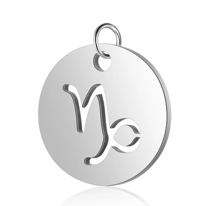 Macro detail of a 12mm stainless steel Capricorn zodiac pendant with a brushed metal finish