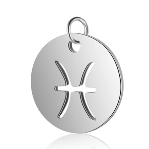 Macro view of mirror-finished Pisces zodiac pendant with brushed stainless steel texture