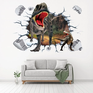 3D Dinosaurier Wandtattoo Aufkleber mit T-Rex Durchbruch Effekt für Wohnzimmer Deko