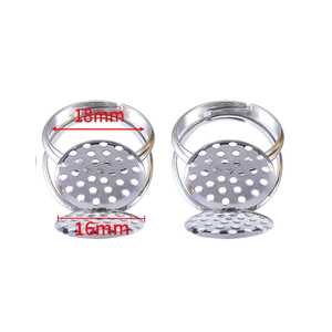 Adjustable 18mm silver ring base with 16mm porous round plate for DIY jewelry making