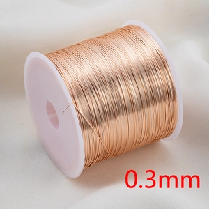 Detailed macro shot of 0.3mm rose gold copper wire wound on a white spool for DIY jewelry
