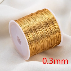 Detailed view of 0.3mm gold copper wire on a plastic spool for DIY jewelry making