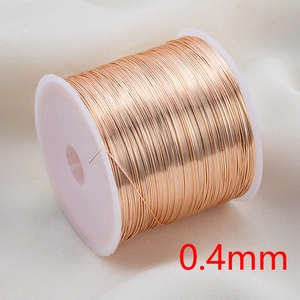 Detailed macro view of 0.4mm rose gold copper craft wire on a white plastic spool