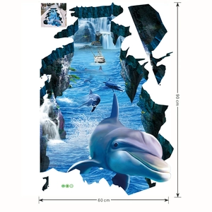 3D ocean wall sticker with dolphins, waterfall and sailboat pattern in 60x90cm size