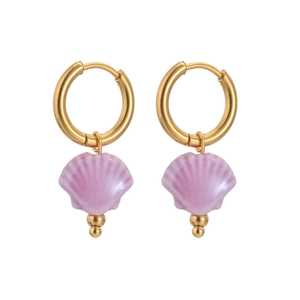 Minimalist gold hoop earrings with light purple shell pendants for a vibrant summer look