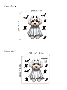 Detail showing Halloween ghost dog and bat toilet sticker layout and paste effect dimensions