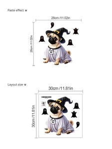 Macro view of Halloween pug ghost toilet sticker with layout dimensions and paste effect