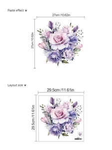 Detail view showing floral toilet sticker layout size and pasting effect dimensions