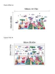 Détails du sticker mural aquarelle montrant le château et les dimensions de pose