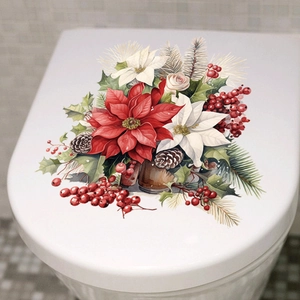 Christmas floral toilet lid decal with red poinsettia and pine cones decoration