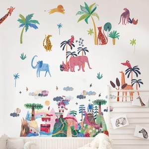 Stickers Muraux Animaux de Zoo Dessin Animé PVC Amovibles Autocollants Nordiques Décoration de Chambre d'Enfants Jungle Château