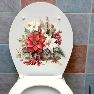 White toilet lid decal with festive Christmas poinsettia, pinecones, and berries design